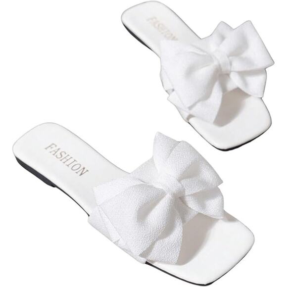 Verdusa Womens Size 9.5 White Fabric Bow Slide On Flat Open Toe Sandal Shoes - Picture 1 of 5